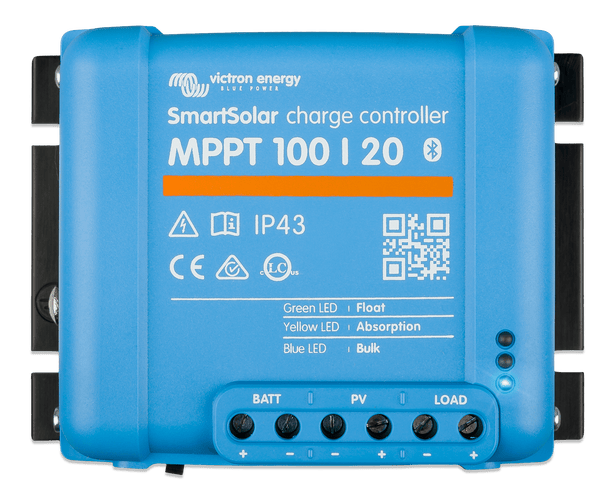 Front view of blue Victron SmartSolar MPPT 100/20 charge controller showing status LEDs and terminals