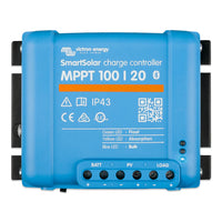 Front view of blue Victron SmartSolar MPPT 100/20 charge controller showing status LEDs and terminals