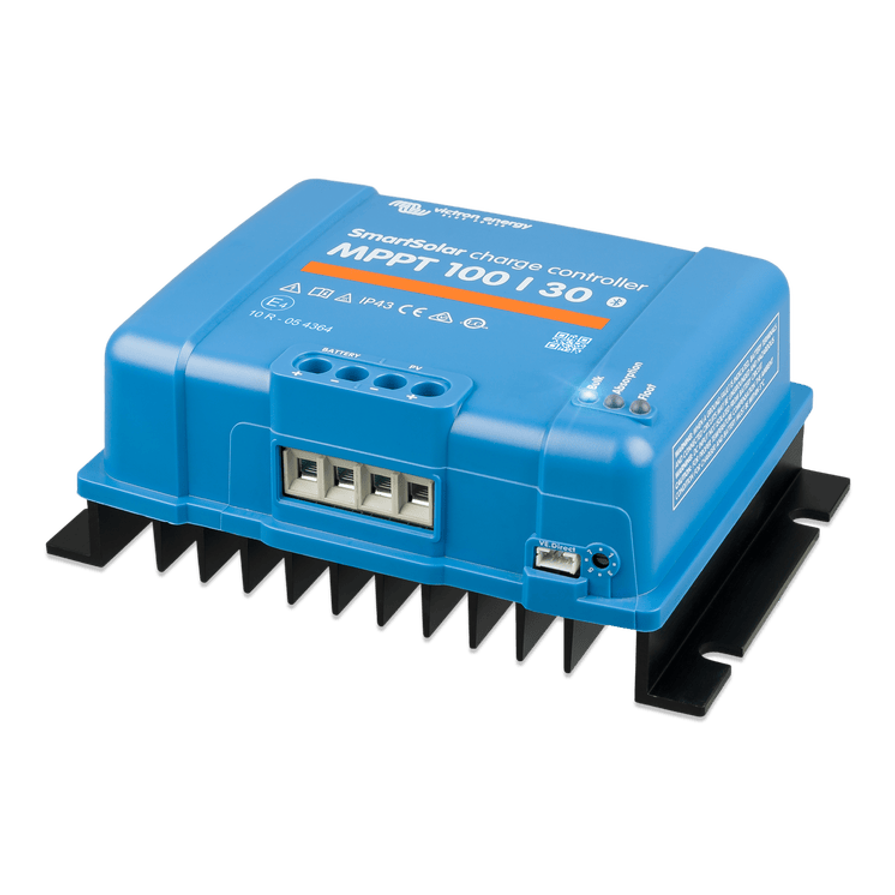 Isometric view of Victron SmartSolar MPPT controller showing heatsink and wiring ports