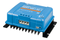 Isometric view of Victron SmartSolar MPPT controller showing heatsink and wiring ports