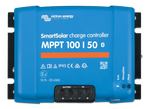 Front view of blue Victron SmartSolar MPPT 100/50 charge controller with status LEDs and wiring terminals