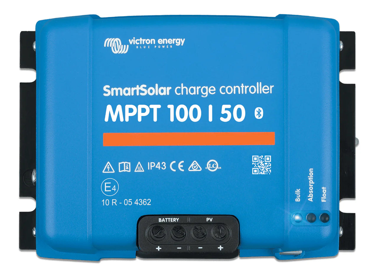 Front view of blue Victron SmartSolar MPPT 100/50 charge controller with status LEDs and wiring terminals