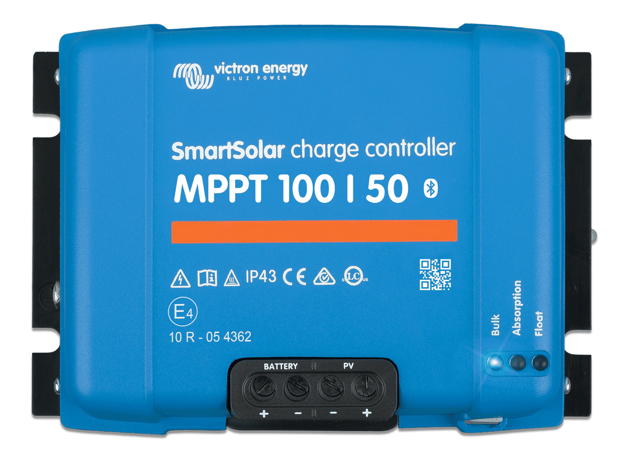 Front view of Victron SmartSolar MPPT 100/50 charge controller showing terminals and status LEDs