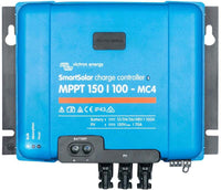 Victron SmartSolar MPPT 150/100-MC4 charge controller front view with status LEDs and MC4 connectors