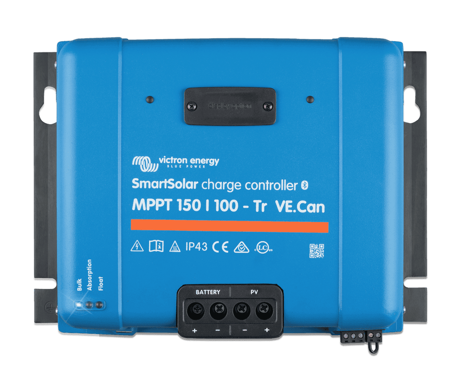 Front view of Victron SmartSolar MPPT 150/100-Tr VE.Can charge controller with blue housing and terminal covers