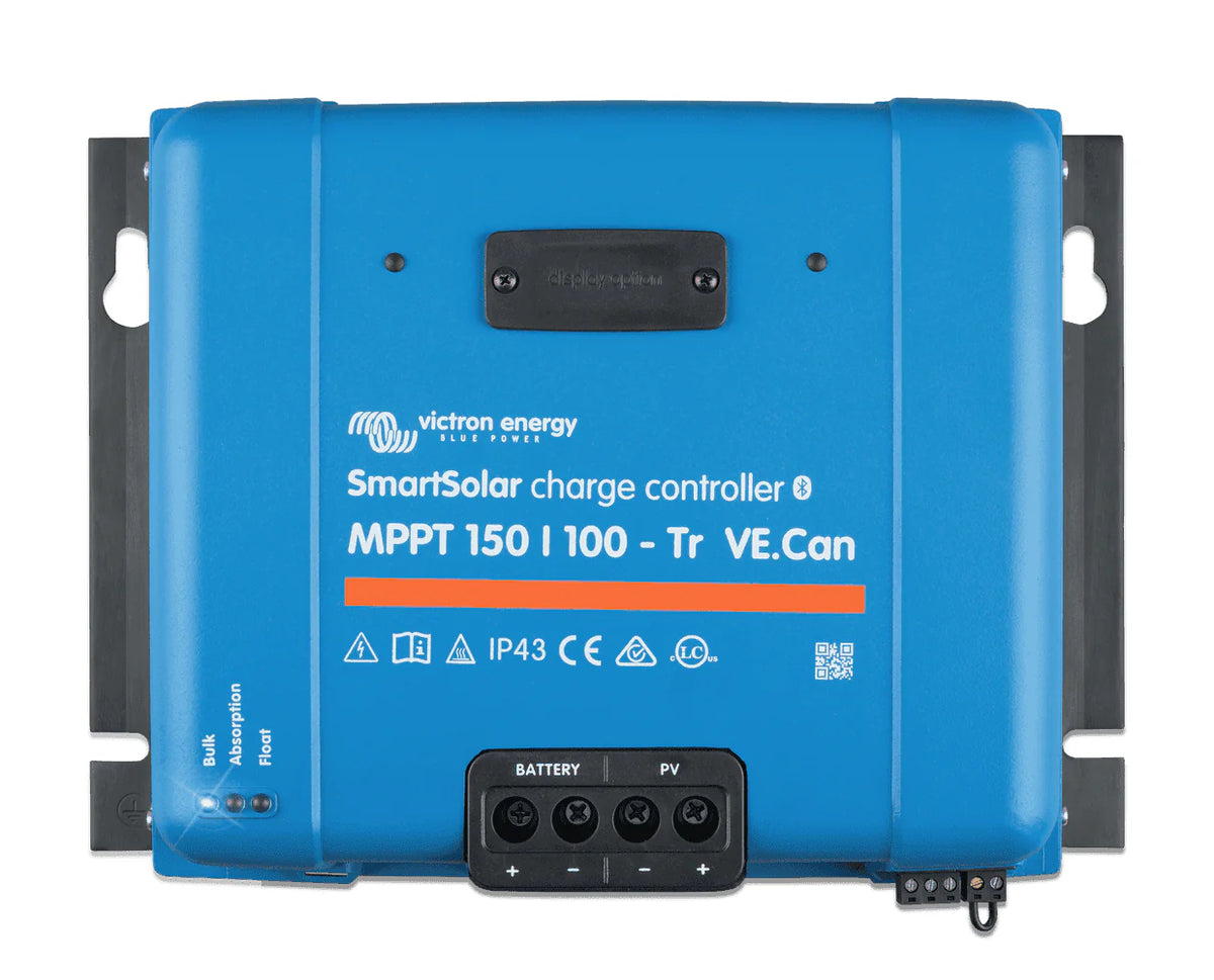 Front view of Victron SmartSolar MPPT 150/100-Tr VE.Can charge controller with blue housing and terminal covers