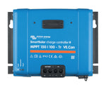 Front view of Victron SmartSolar MPPT 150/100-Tr VE.Can charge controller with blue housing and terminal covers
