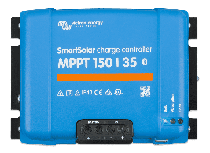 Front view of Victron SmartSolar MPPT 150/35 solar charge controller with LED indicators and terminal cover