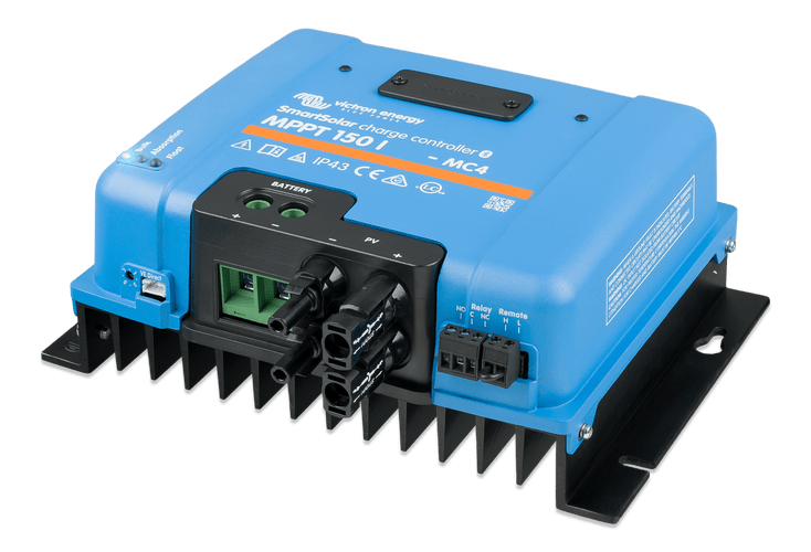 Angled view of Victron MPPT solar controller showing external cooling fins and connection ports