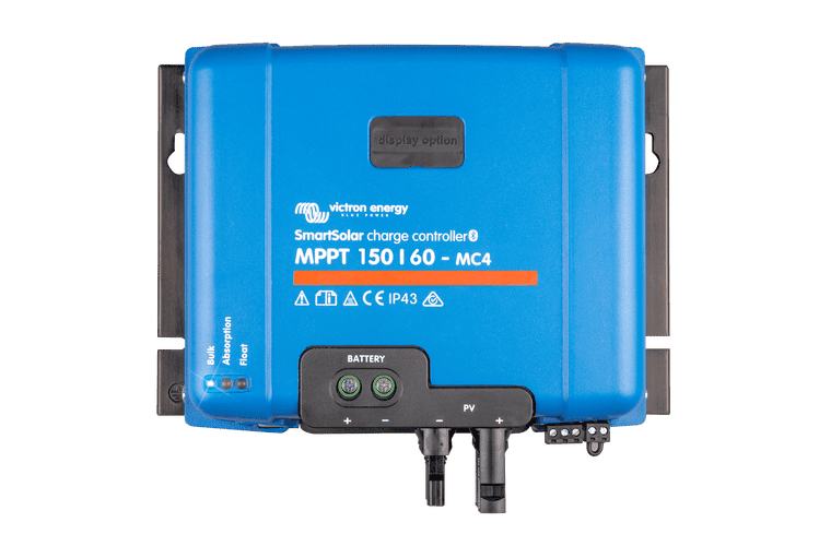 Front view of blue Victron SmartSolar MPPT 150/60-MC4 charge controller with terminal labels