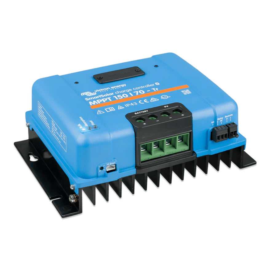 Right-angled view of the blue Victron SmartSolar MPPT 150/70 solar controller