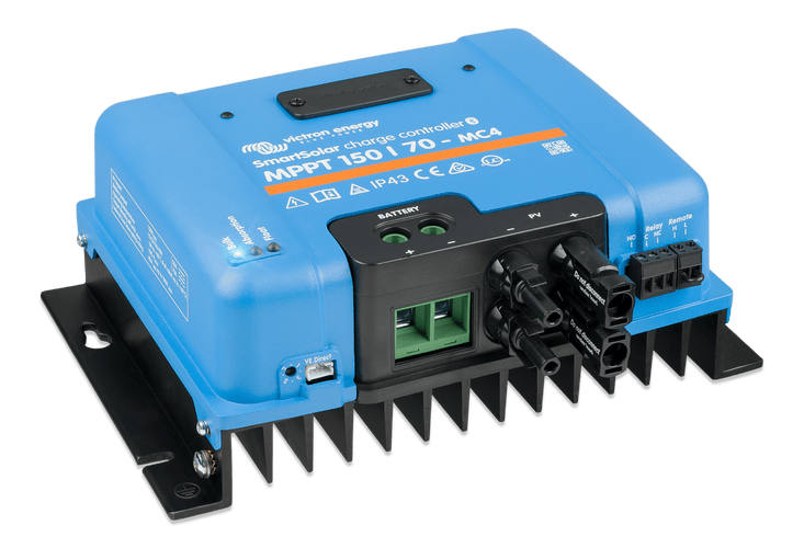 Side perspective of blue Victron MPPT 150/70-MC4 solar controller showing cooling fins
