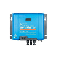 Front view of Victron SmartSolar MPPT 150/85 solar charge controller with MC4 connectors and blue casing