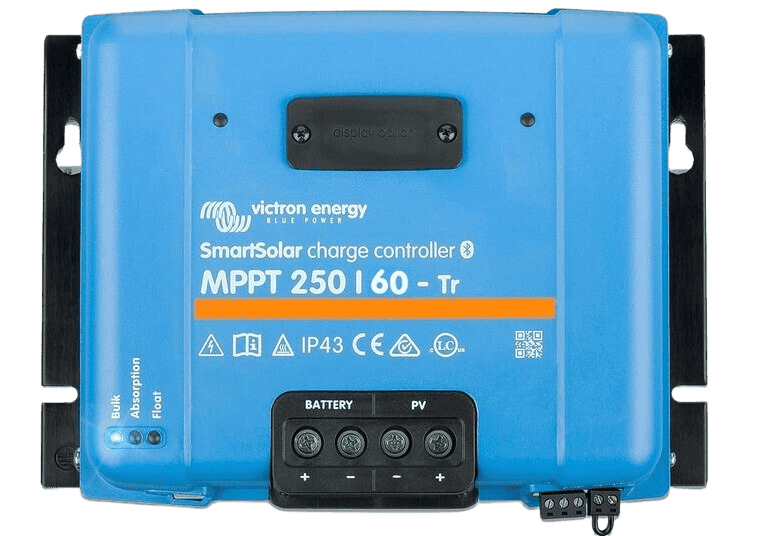 Victron SmartSolar MPPT 250/60 solar charge controller with status LEDs and terminal covers
