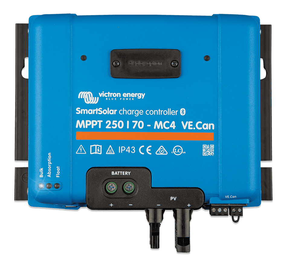 Front view of blue Victron SmartSolar MPPT 250/70-MC4 charge controller with connection ports