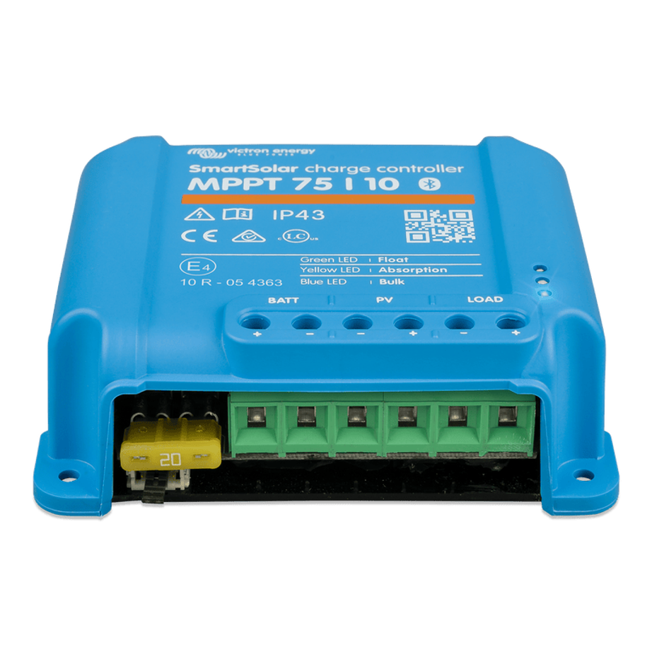 Front-angled view of the 10A solar charge controller terminals and internal fuse component