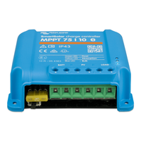 Front-angled view of the 10A solar charge controller terminals and internal fuse component