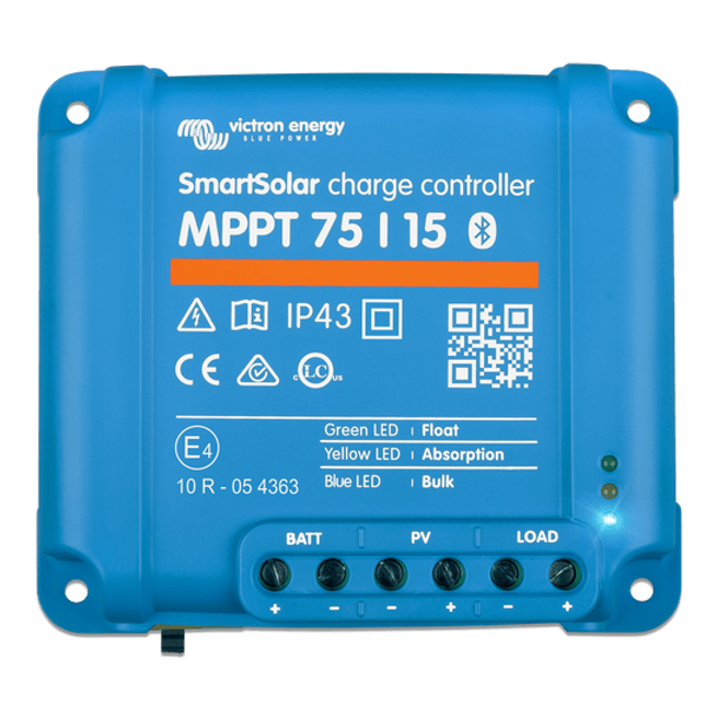 Front view of Victron SmartSolar MPPT 75/15 charge controller showing labels and terminals