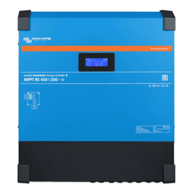 Front view of the Victron SmartSolar MPPT RS 450/200 solar charge controller with integrated LCD screen