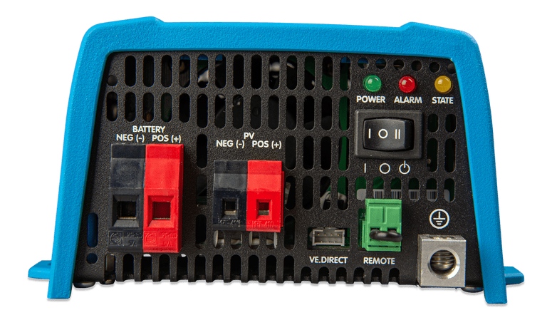Connection panel of Victron Sun Inverter showing battery and PV terminals