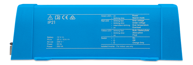 Detailed view of side label on a Victron Sun Inverter with LED status key and basic specs