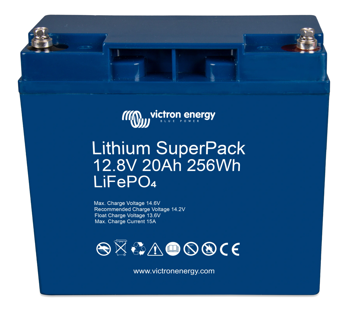 Angled front view of the Victron 12.8V 20Ah battery showing terminals and compact housing