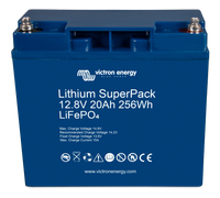 Angled front view of the Victron 12.8V 20Ah battery showing terminals and compact housing