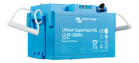 Angled view of the Victron SuperPack NG lithium battery showing its compact blue enclosure