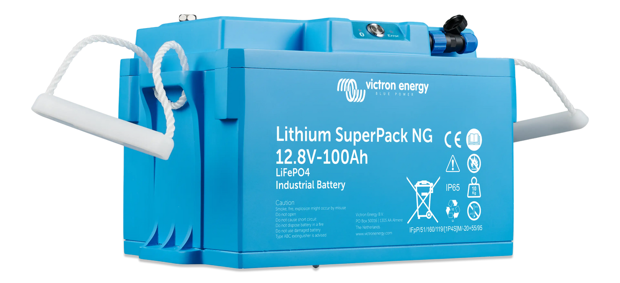Angled view of the Victron SuperPack NG lithium battery showing its compact blue enclosure