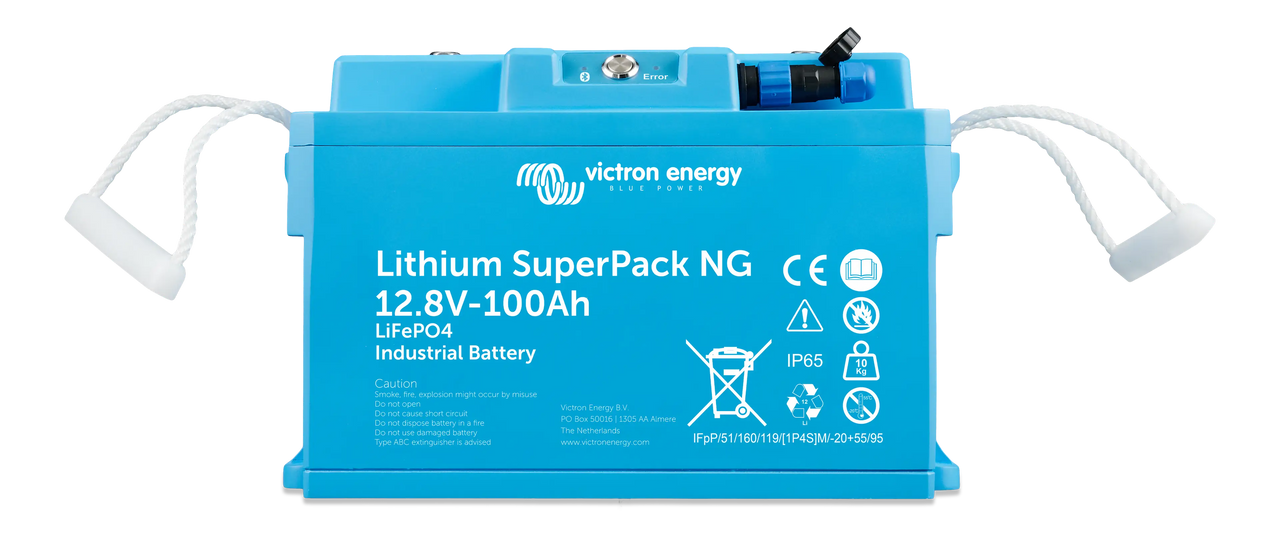 Front view of Victron 12V 100Ah SuperPack NG lithium battery with carry handles