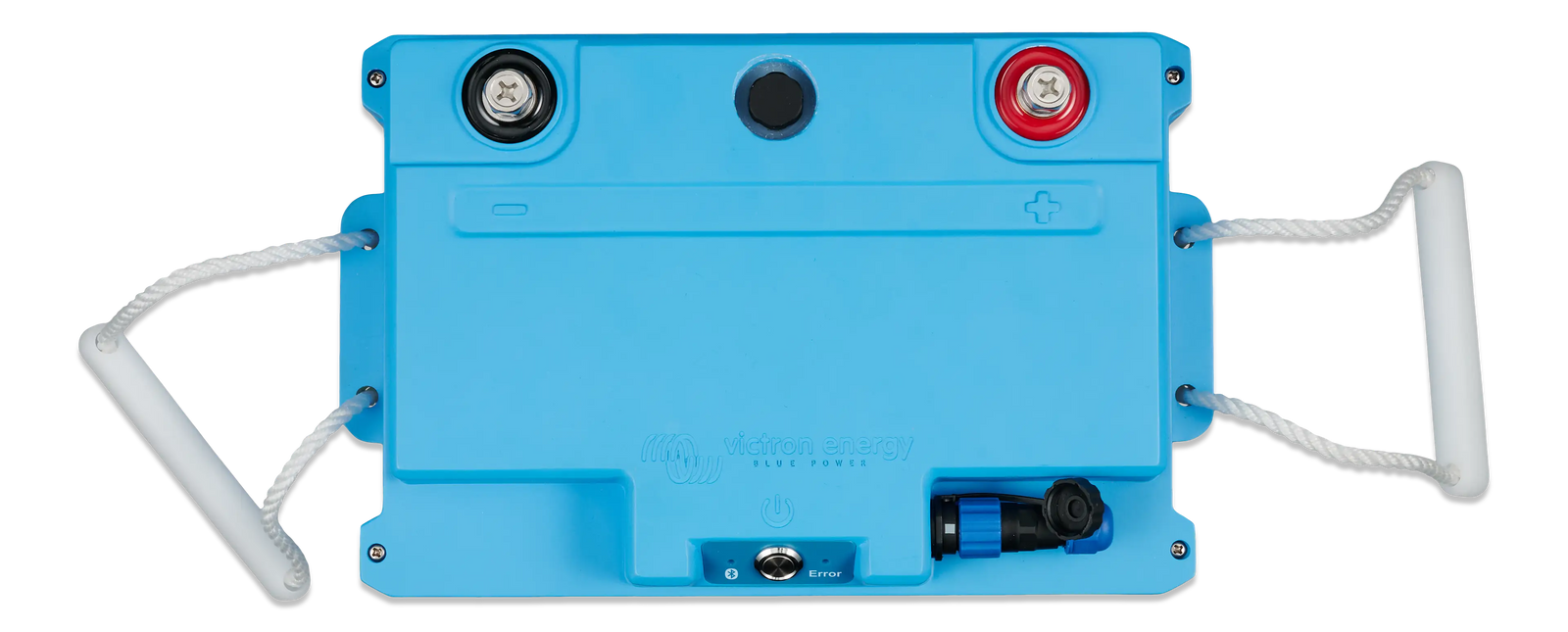 Top-down view of battery showing M8 terminal placement and interface controls