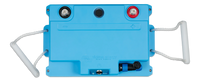 Top-down view of battery showing M8 terminal placement and interface controls