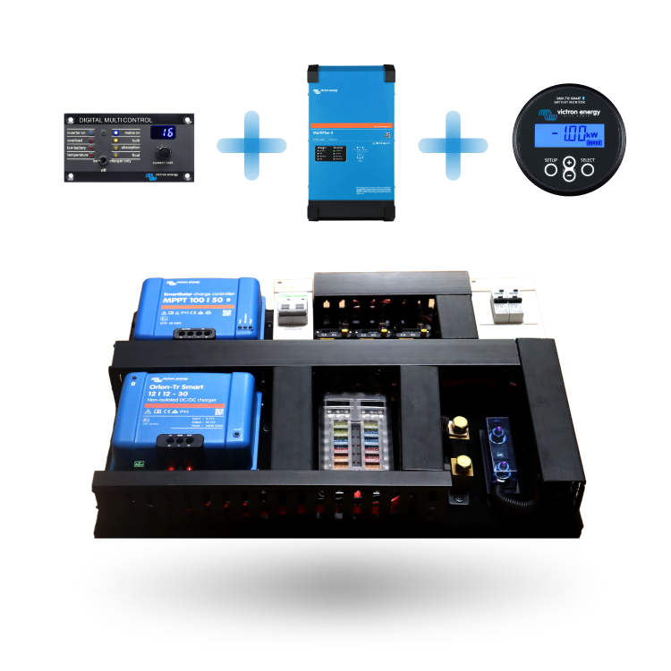 Exotronic board depicted with Victron MultiPlus-II inverter and monitoring accessories
