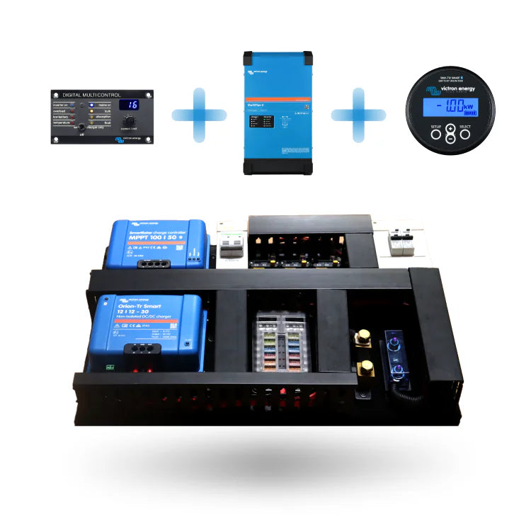 Exotronic board depicted with Victron MultiPlus-II inverter and monitoring accessories