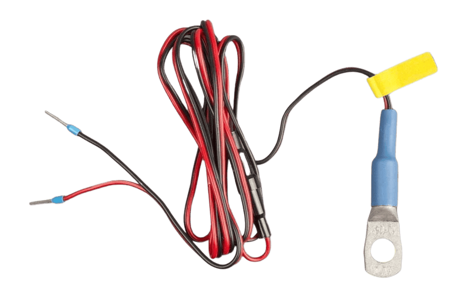 Temperature sensor cable featuring a battery ring terminal and two pin connectors for Victron GX systems