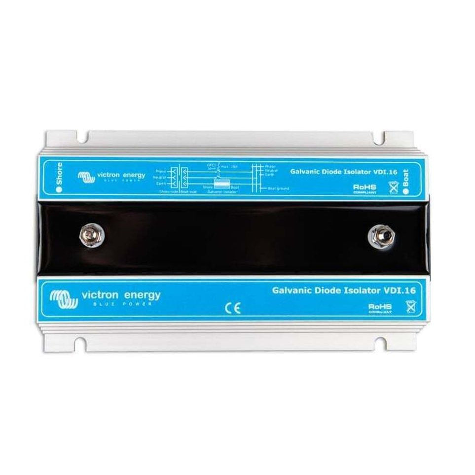 Top-down view of Victron VDI-16 galvanic isolator with connection points and technical labels