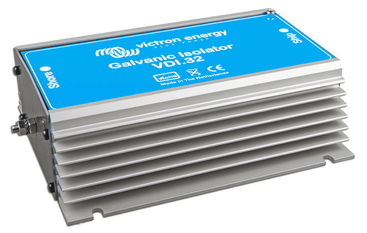 Perspective view of a Victron VDI-32 galvanic isolator with a silver aluminium heatsink and blue label