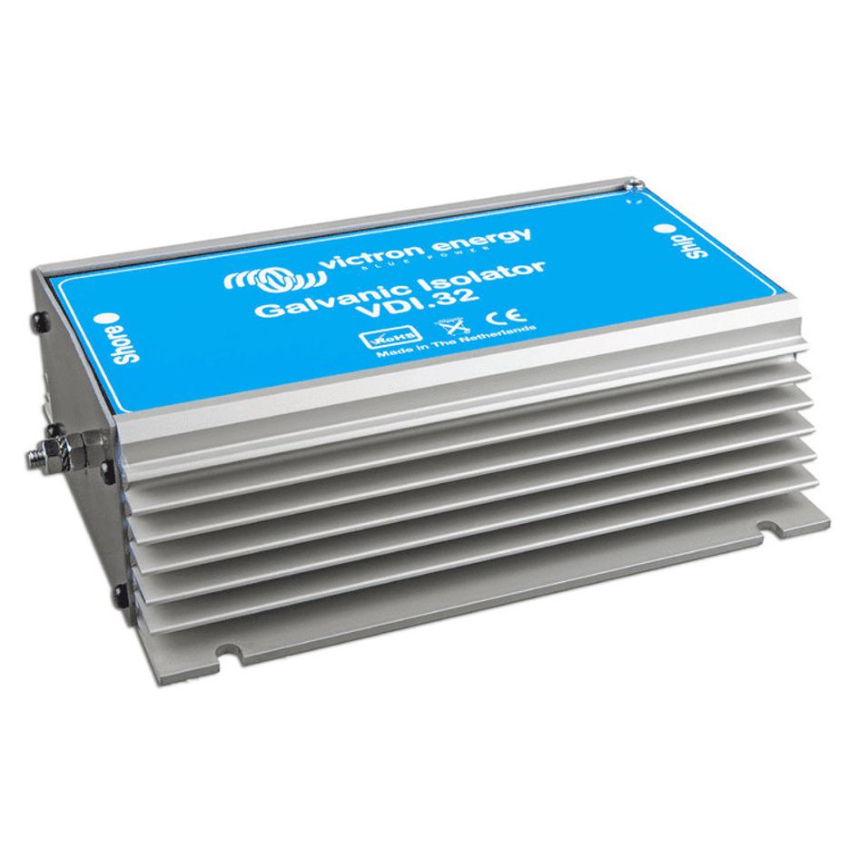 Perspective view of a Victron VDI-32 galvanic isolator with a silver aluminium heatsink and blue label