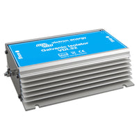 Perspective view of a Victron VDI-32 galvanic isolator with a silver aluminium heatsink and blue label