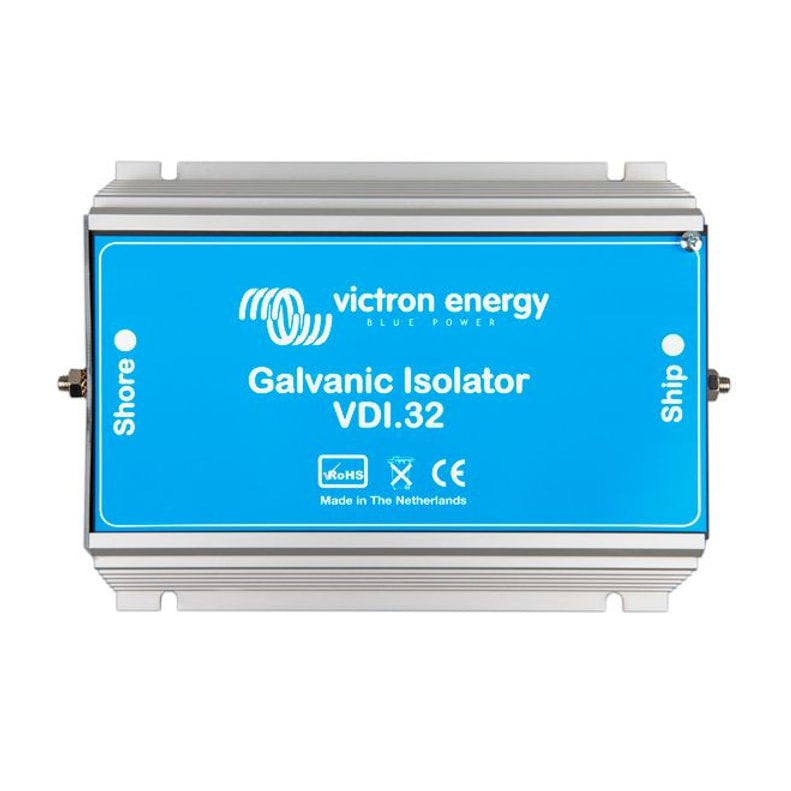 Top-down view of the Victron VDI-32 galvanic isolator showing shore and ship earth terminal markings