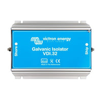 Top-down view of the Victron VDI-32 galvanic isolator showing shore and ship earth terminal markings