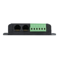 Side view showing dual RJ45 VE.Bus ports and a 6-way green screw terminal block