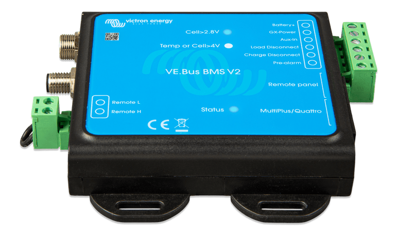 Angled perspective view of the Victron VE.Bus BMS V2 in its matt black ABS enclosure