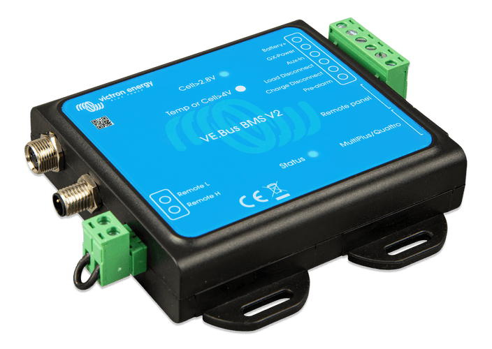 Side angle view of the Victron VE.Bus BMS V2 showcasing terminal and M12 port layout