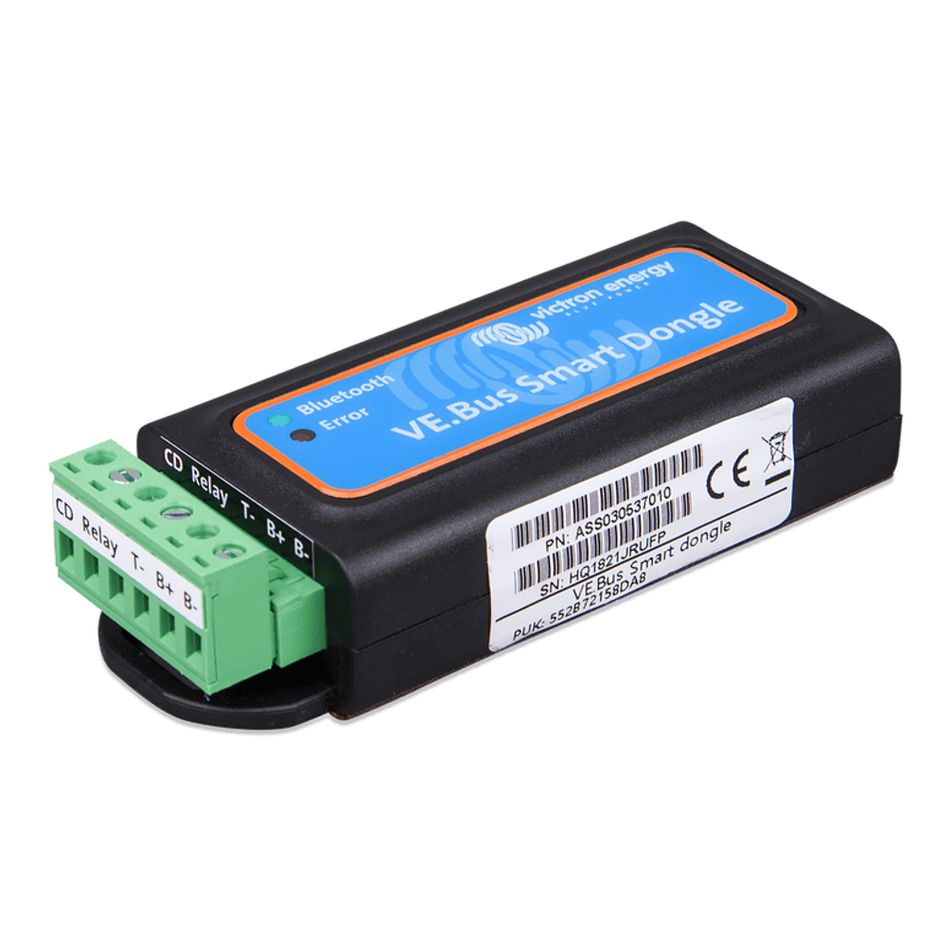 Perspective view of the VE.Bus Smart Dongle highlighting the side connection labels and regulatory info