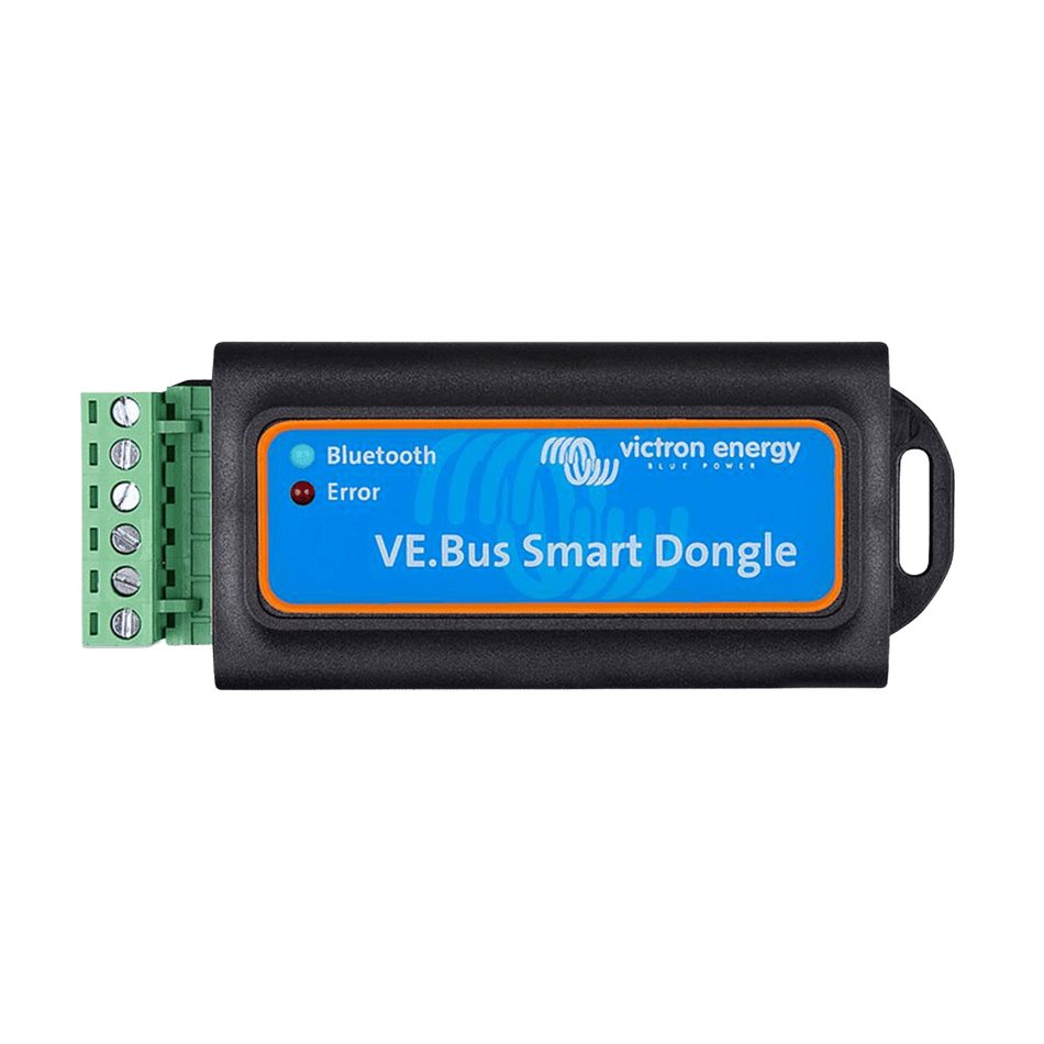Victron VE.Bus Smart Bluetooth Dongle showing status LEDs and green connection terminal block
