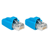 Two VE.Can RJ45 terminators with blue protective boots for CAN-bus systems