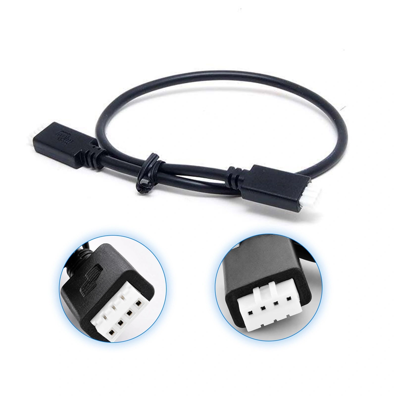 Close up of Coiled 0.3m black VE.Direct cable with 4-pin white connectors
