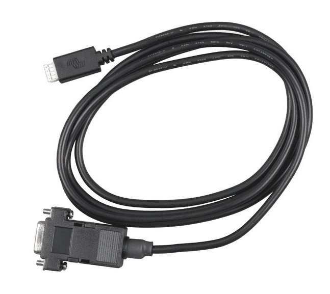 VE.Direct to RS232 interface cable featuring a white 4-pin connector and female DB9 serial plug