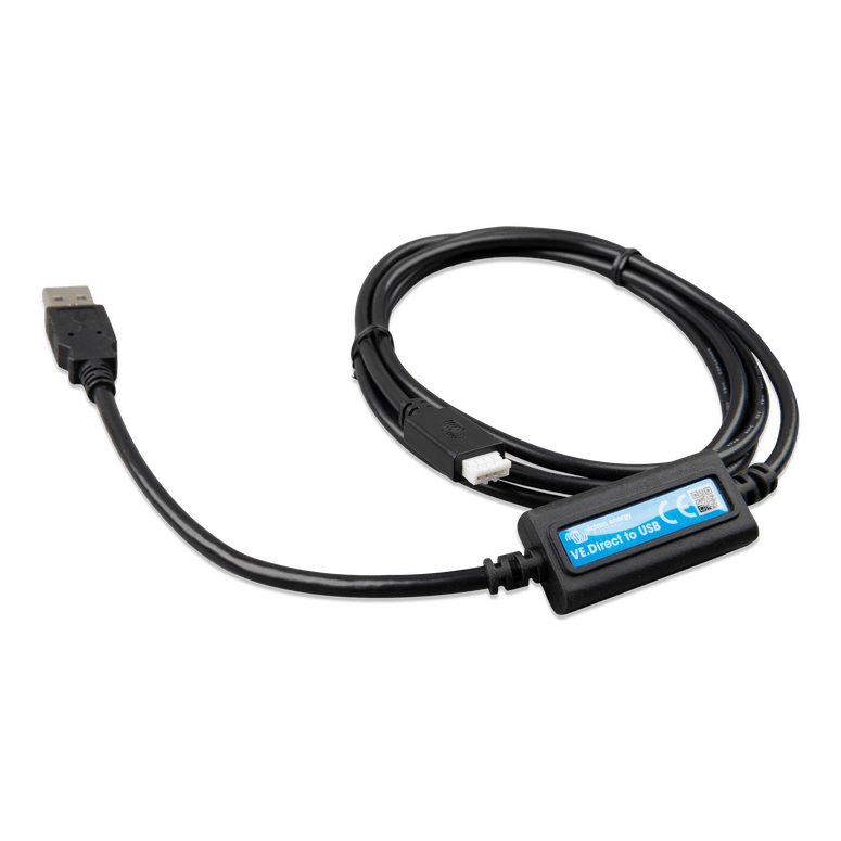 Perspective view of Victron VE.Direct to USB interface cable showing connector profiles Vic-ASS030530010